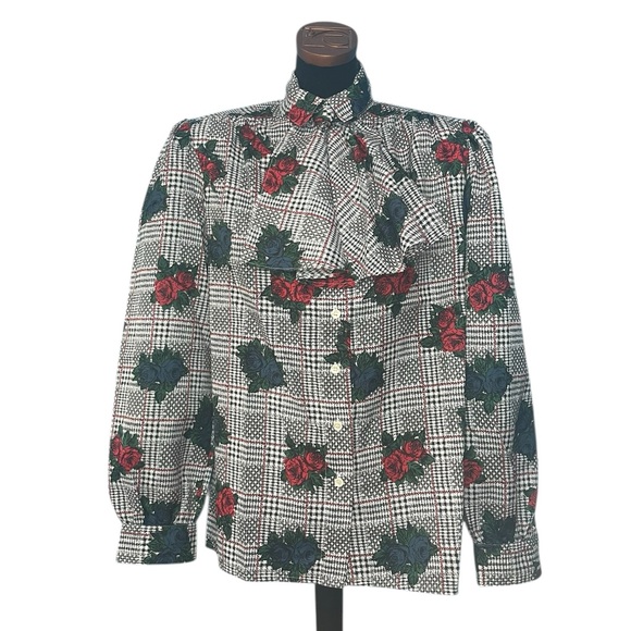 Leslie Fay Tops - Vintage graphic rose pattern blouse with jabot 1970s medium